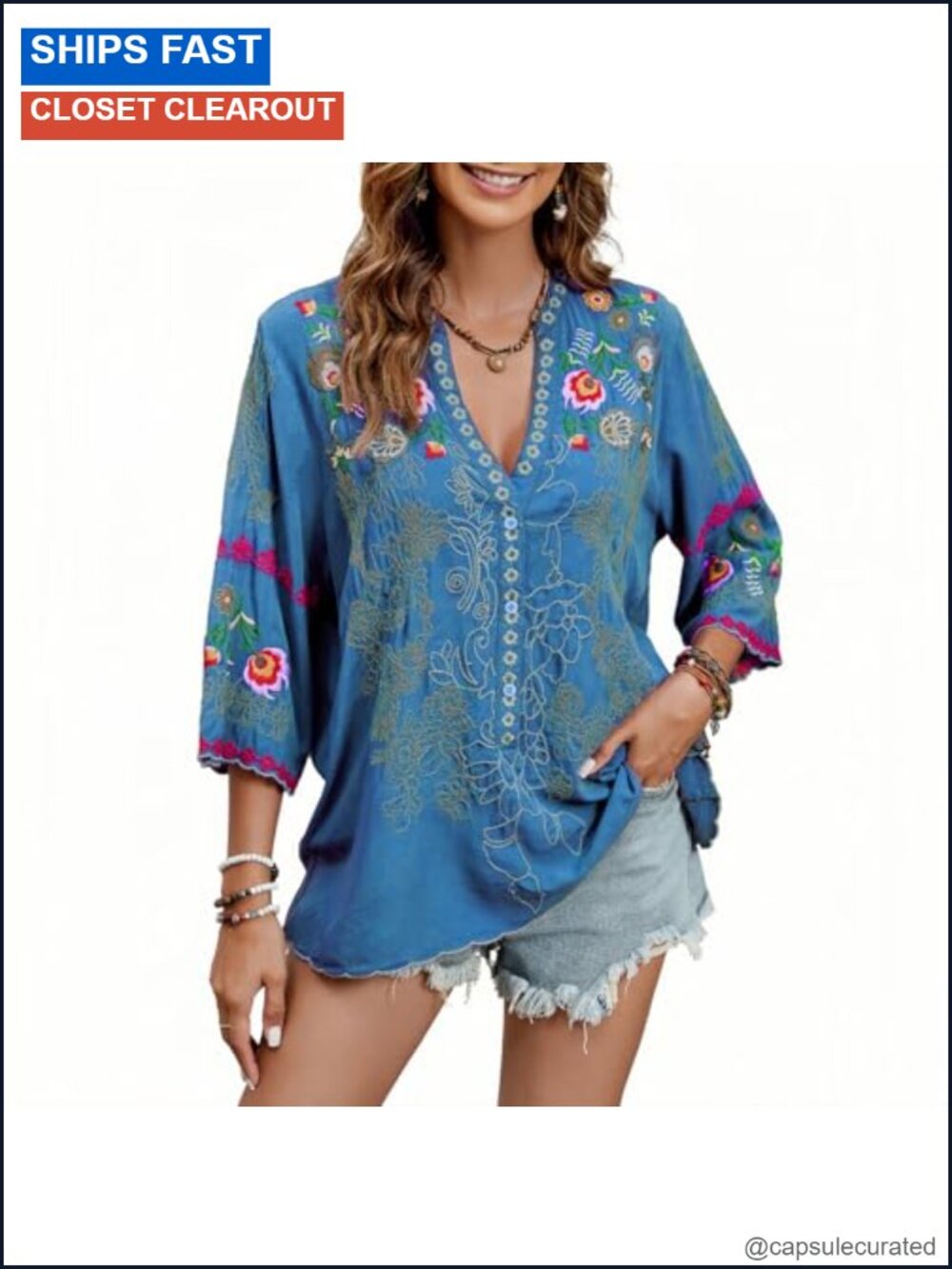 Mexican Peasant Top Blouse Embroidered V Neck Boho 3/4 Sleeve Tunic Cotton